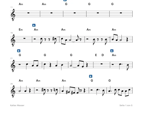 Leadsheet von „Kaltes Wasser“: die Gesangsmelodie in Noten mit Akkorden darüber